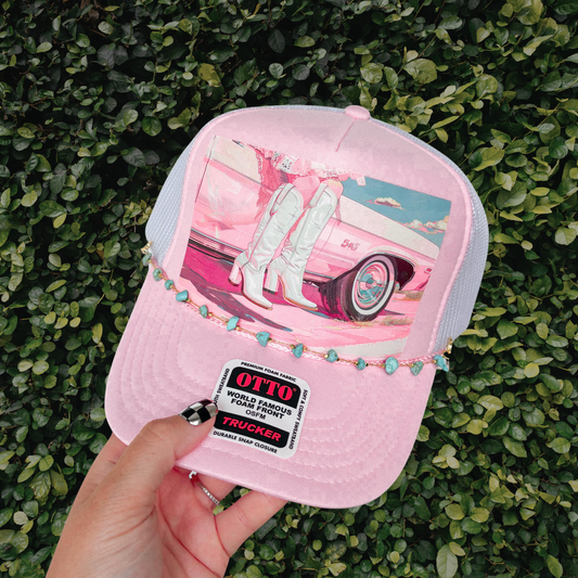 Pretty pink cowgirl trucker hat with chain