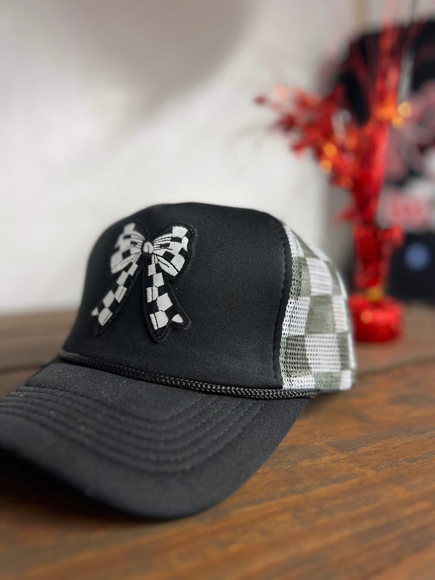 Black & White Checkered Bow Trucker Hat