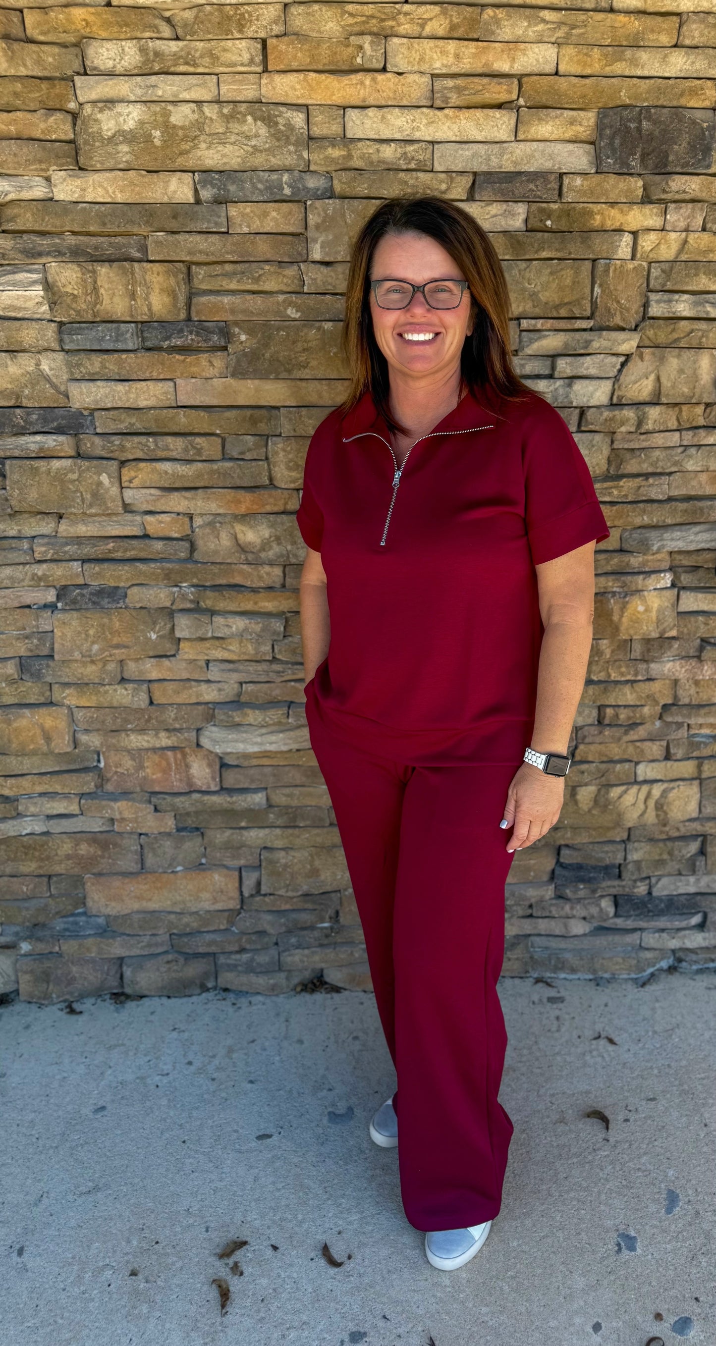 Dark Burgundy Scuba High Neck Half Zip Top & Pants Set