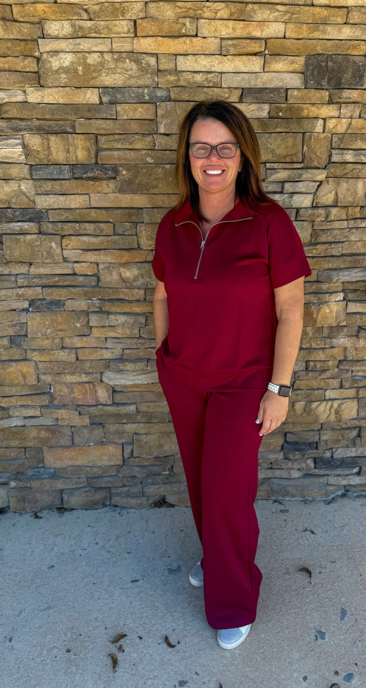 Dark Burgundy Scuba High Neck Half Zip Top & Pants Set