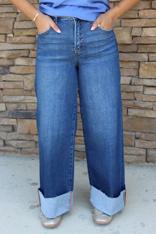 Risen Wide Cuffed Stretchy Jeans