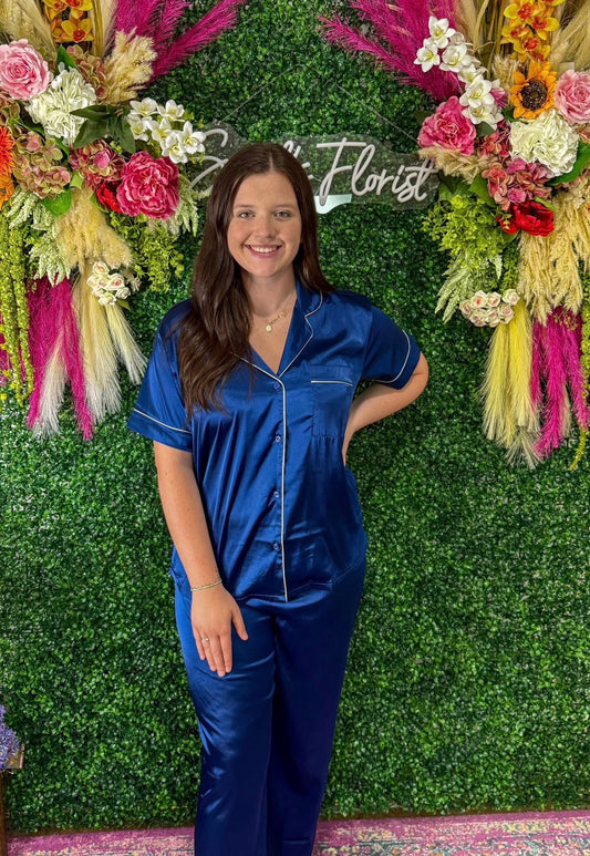 Light Navy Satin Short Sleeve PJ Set