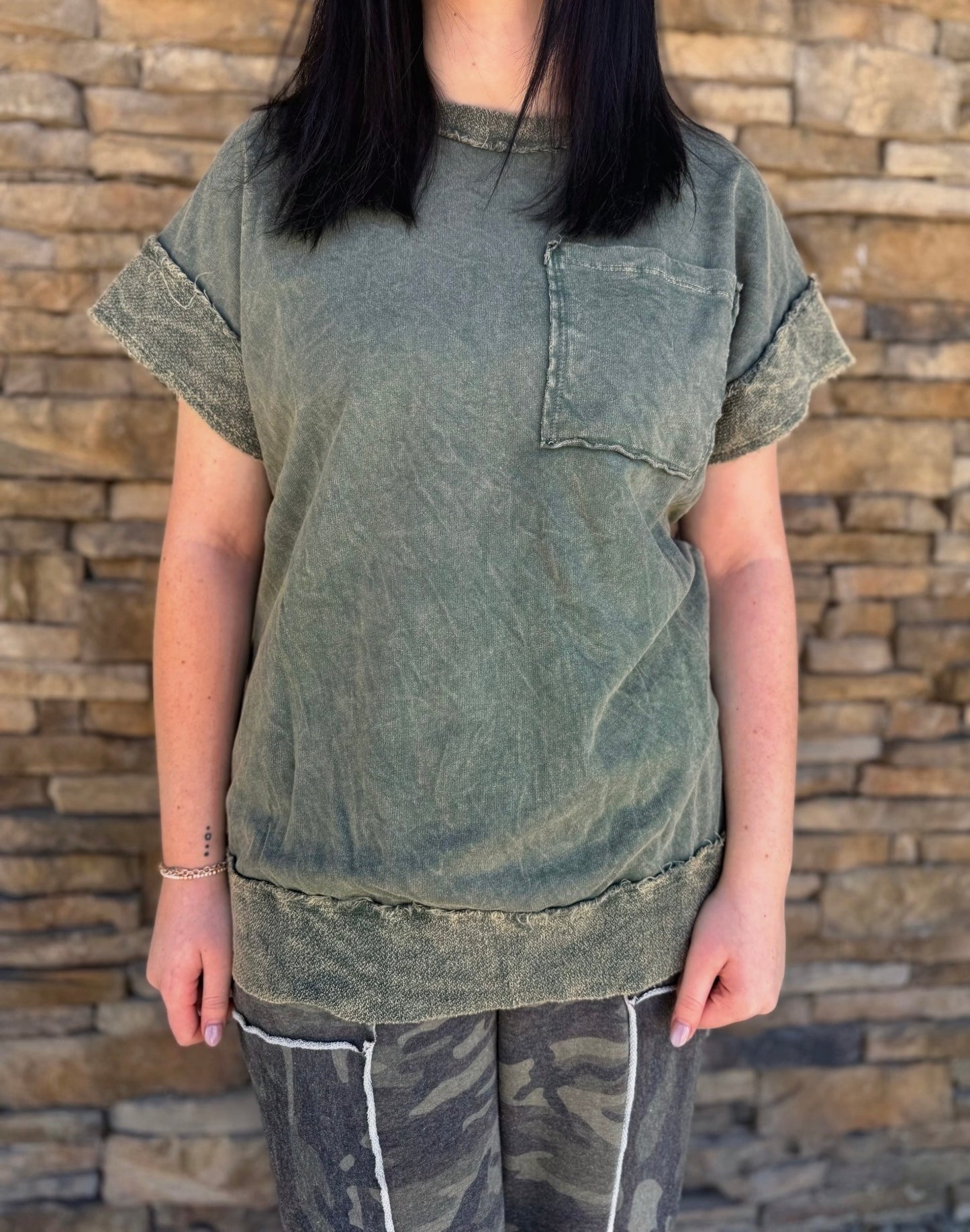 Green Mineral Wash Pocket Top