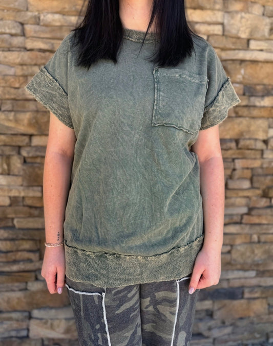 Green Mineral Wash Pocket Top