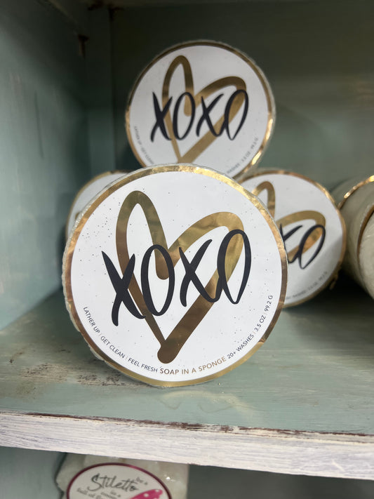 Xoxo soap in a sponge