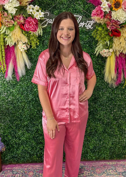 Dark Pink Satin Short Sleeve PJ Set