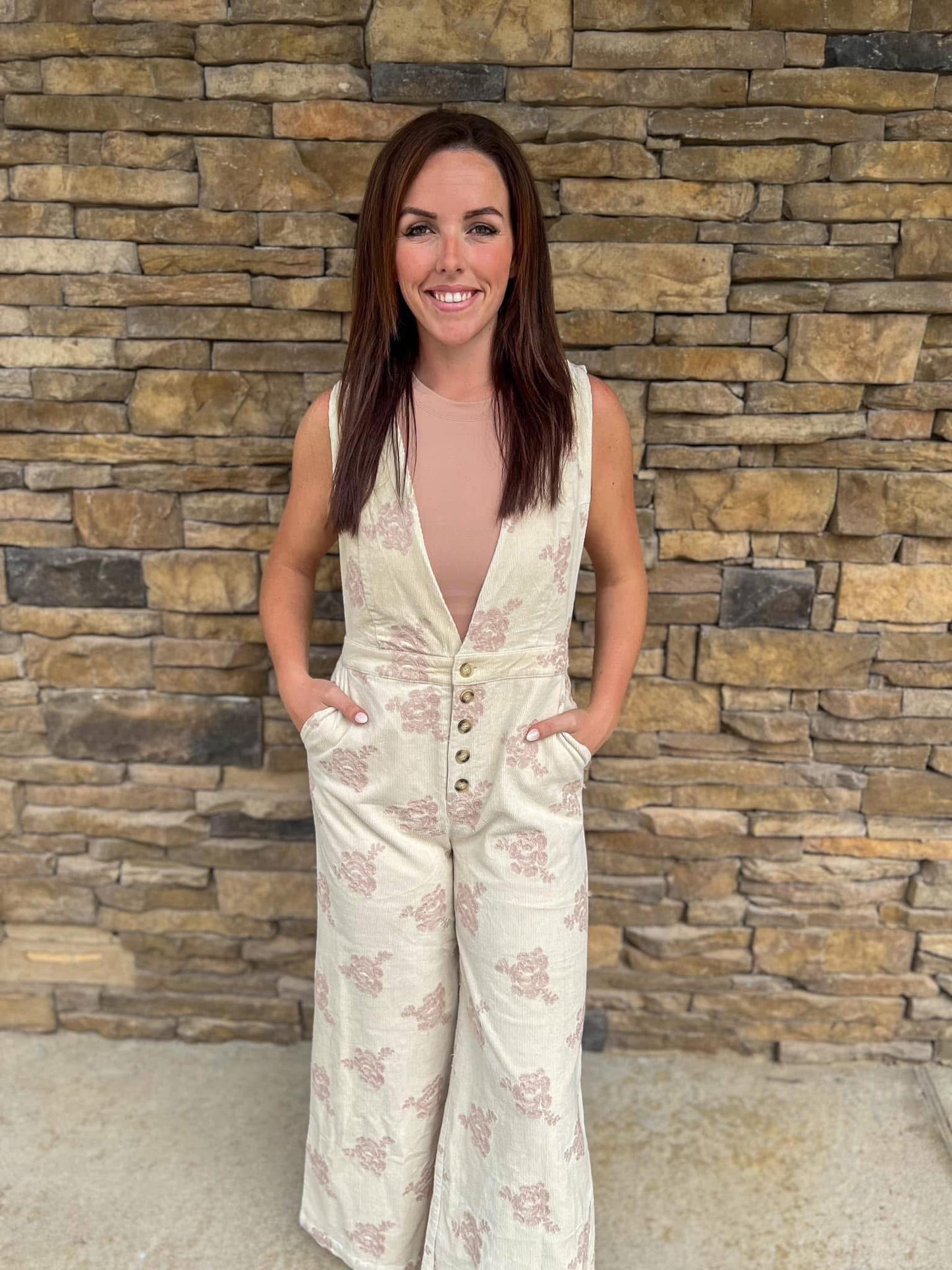 Almon Pink Floral Corduroy Jumpsuit
