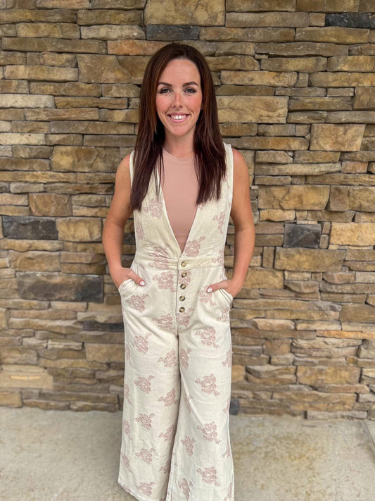 Almon Pink Floral Corduroy Jumpsuit