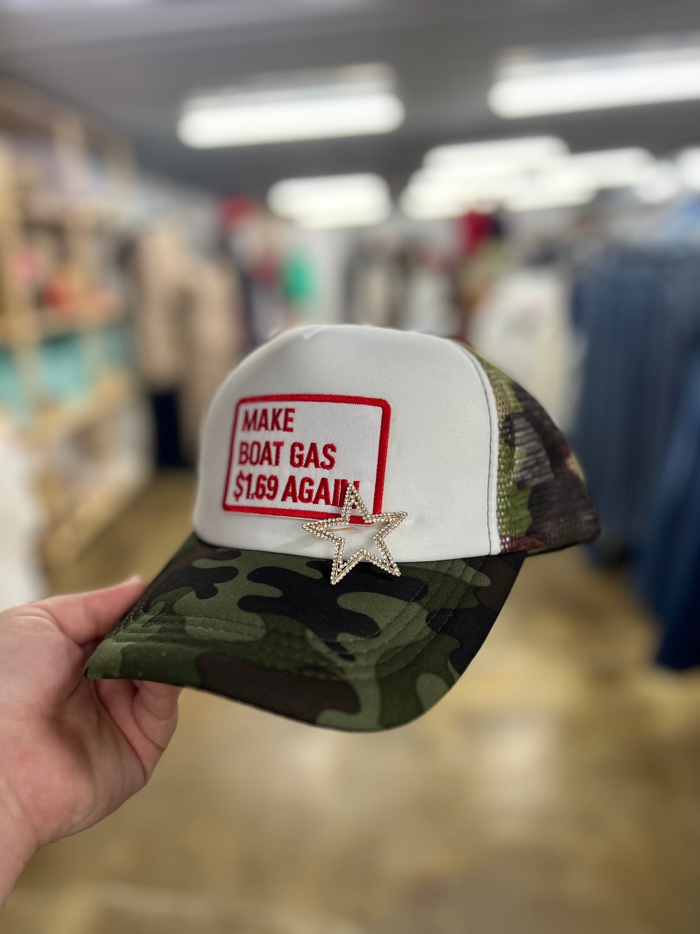 Camo Make Boat Gas 1.69 Again Trucker Hat