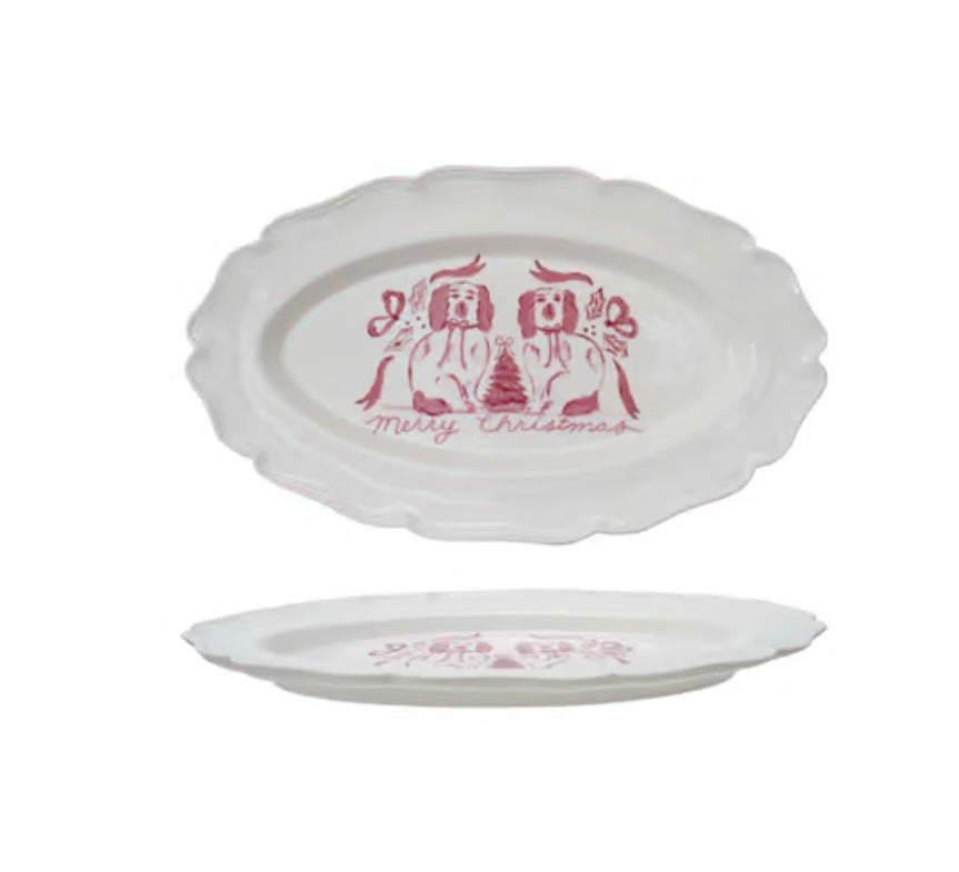 Stoneware Platter Merry Christmas w Dogs