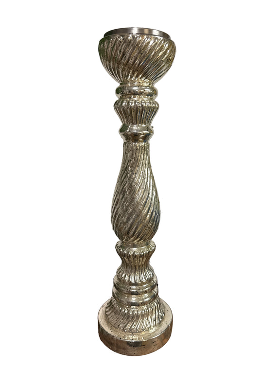 Mercury glass pillar antique silver candle holder | 19.75”