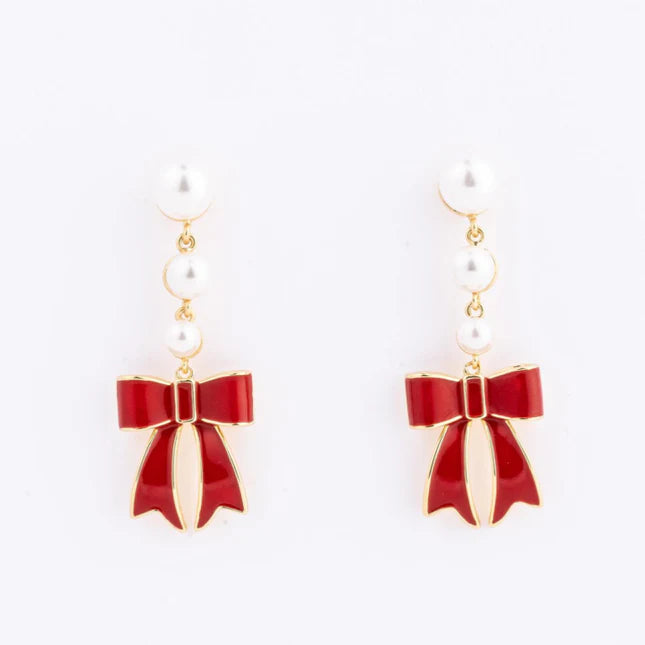 Red bow pearl earrings