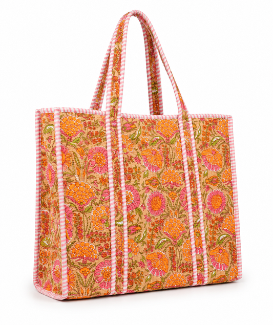 Orange/ Pink Quilted Tote Bag