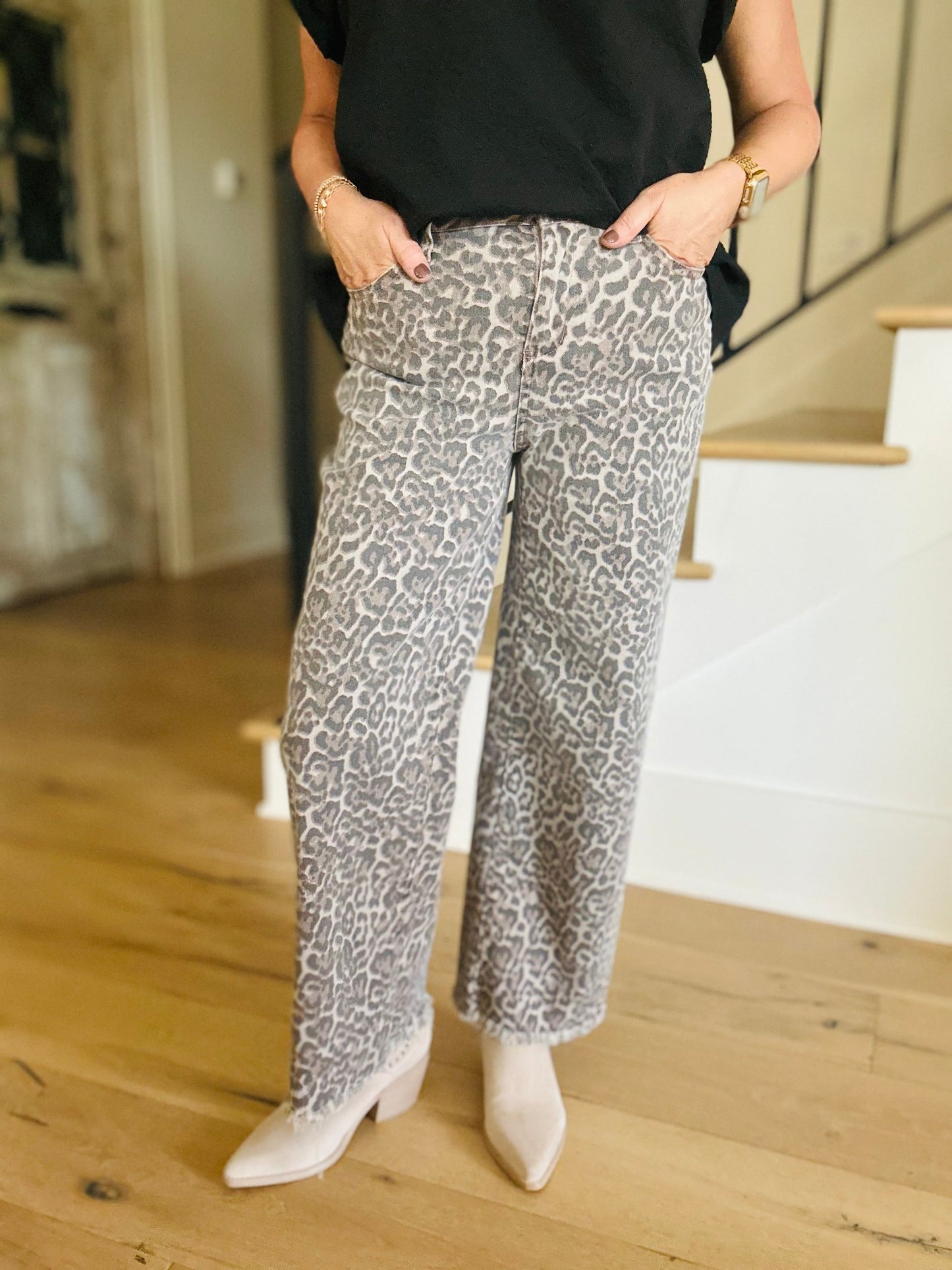 Leopard Frayed Wide Leg Jeans