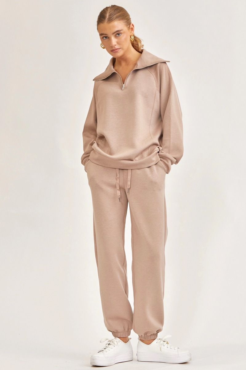 Solid Zip Collar Long Sleeve Top and pants Set