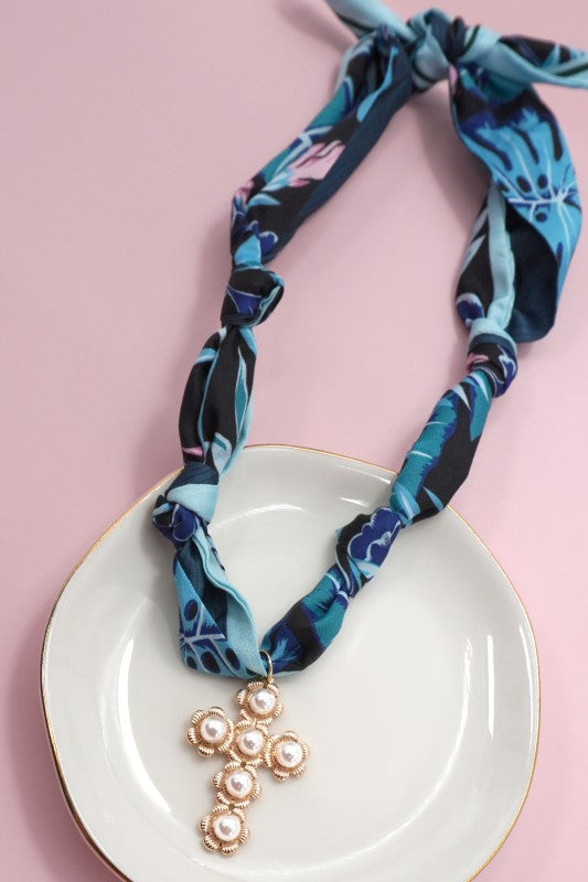 Pearl Cross Blue Scarf Necklace