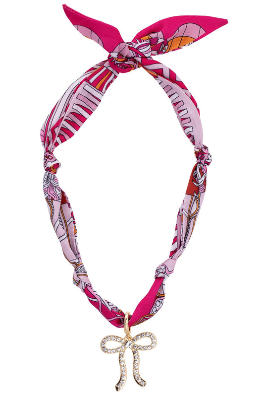 Cassie Pave Bow Scarf Necklace | Fuschia/Orange/White
