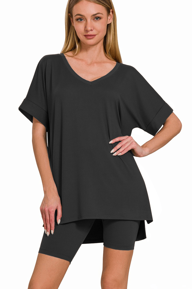 Zenana Brushed V-Neck Top & Biker Shorts Set