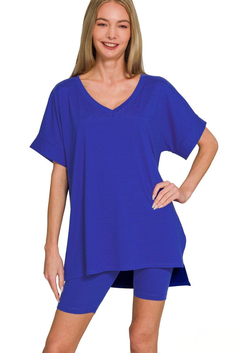Zenana Brushed V-Neck Top & Biker Shorts Set