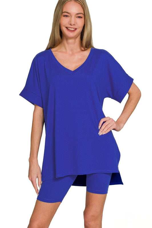 Zenana Brushed V-Neck Top & Biker Shorts Set