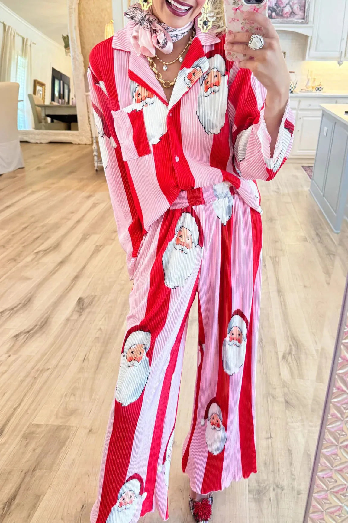 Pink and Red Santa Ribbed Set pajamas