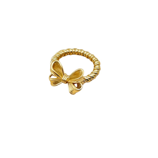 18K Gold Plated Rope Band Ring with Gold Bow