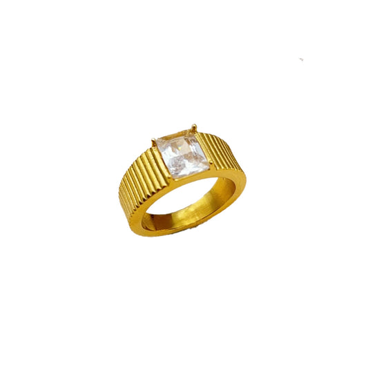 18K Gold Plated Line Textured Band Ring with Clear Square Crystal